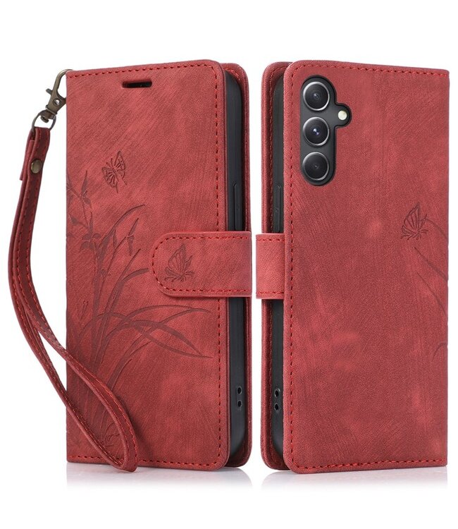 SoFetch Rood Bloem Vlinder Bookcase Hoesje voor de Samsung Galaxy A14
