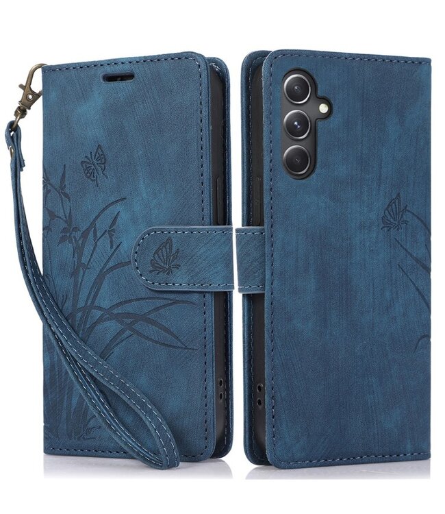 SoFetch Blauw Bloem Vlinder Bookcase Hoesje voor de Samsung Galaxy A14