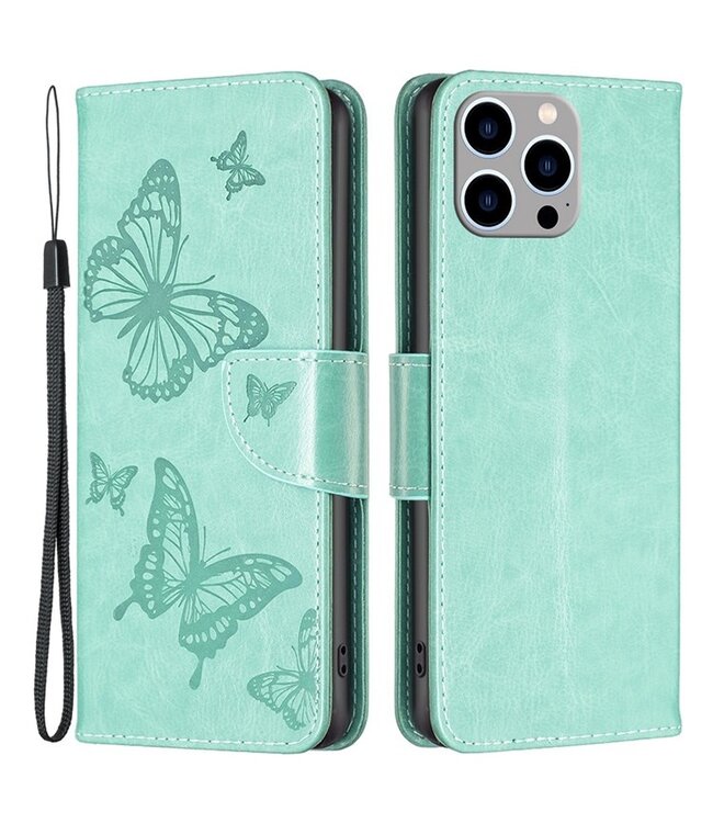 SoFetch Cyaan Vlinders Bookcase Hoesje voor de iPhone 14 Pro Max