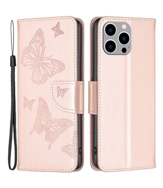 SoFetch Goud Vlinders Bookcase Hoesje iPhone 14 Pro Max