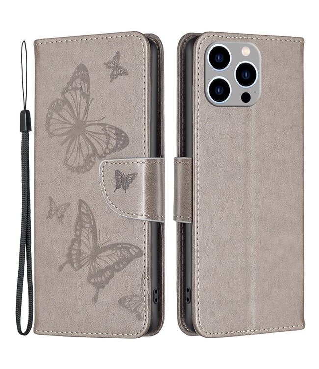 SoFetch Grijs Vlinders Bookcase Hoesje voor de iPhone 14 Pro Max