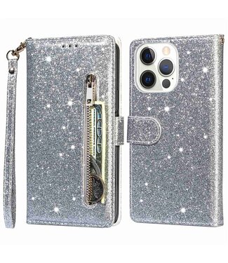 SoFetch Zilver Portemonnee Glitter Bookcase Hoesje iPhone 14 Pro Max
