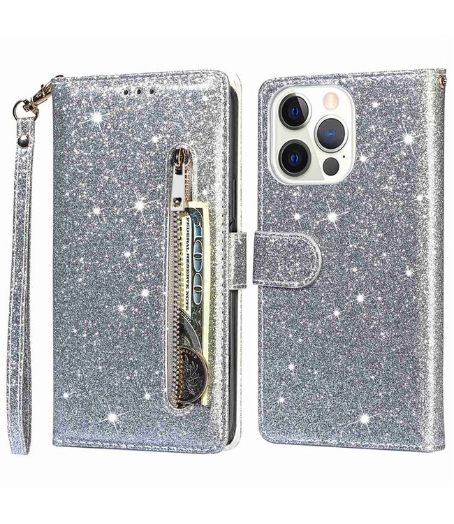 SoFetch Zilver Portemonnee Glitter Bookcase Hoesje voor de iPhone 14 Pro Max