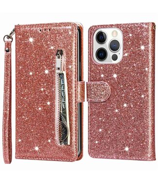 SoFetch Rosegoud Portemonnee Glitter Bookcase Hoesje iPhone 14 Pro Max