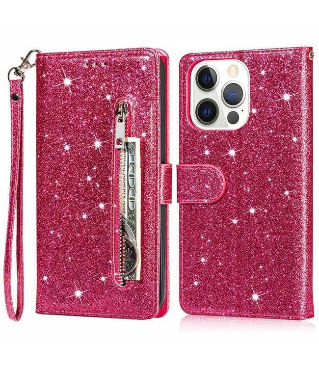 SoFetch Rose Portemonnee Glitter Bookcase Hoesje voor de iPhone 14 Pro Max