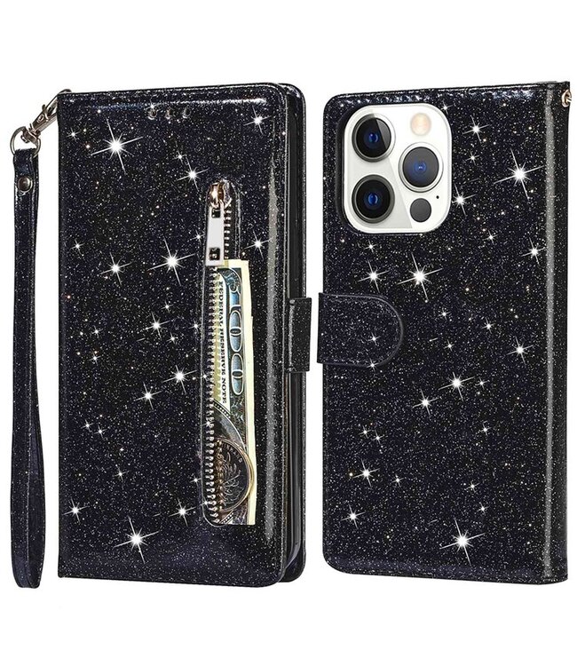 SoFetch Zwart Portemonnee Glitter Bookcase Hoesje voor de iPhone 14 Pro Max