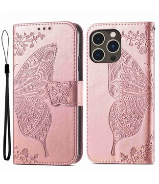 SoFetch Rosegoud Vlinder Bookcase Hoesje iPhone 14 Pro Max