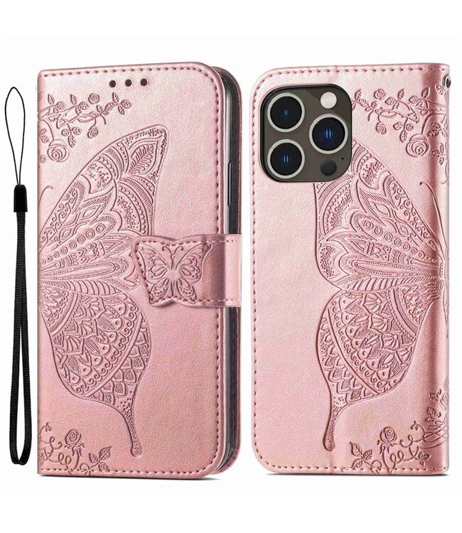 SoFetch Rosegoud Vlinder Bookcase Hoesje voor de iPhone 14 Pro Max
