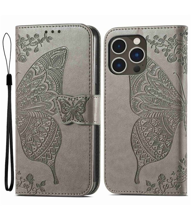 SoFetch Grijs Vlinder Bookcase Hoesje voor de iPhone 14 Pro Max