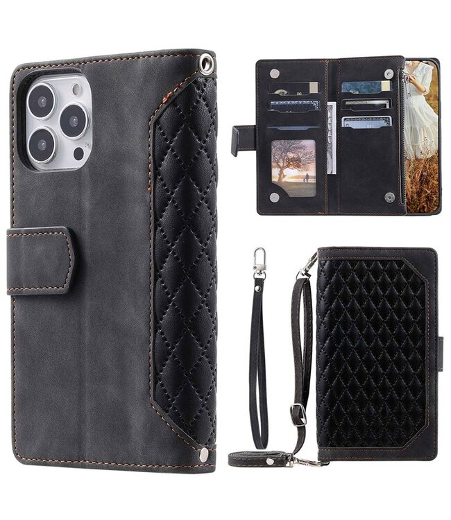 SoFetch Zwart Portemonnee Ruiten Bookcase Hoesje voor de iPhone 14 Pro Max