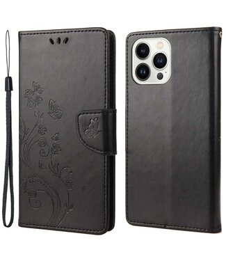 SoFetch Zwart Bloemen Bookcase Hoesje iPhone 14 Pro Max