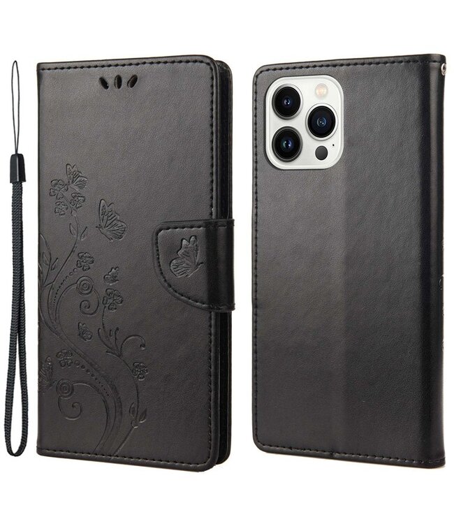 SoFetch Zwart Bloemen Bookcase Hoesje voor de iPhone 14 Pro Max