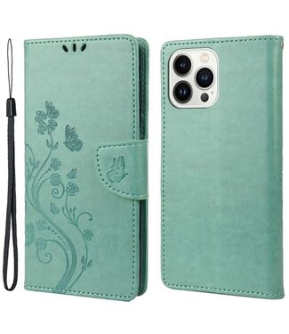 SoFetch Groen Bloemen Bookcase Hoesje iPhone 14 Pro Max