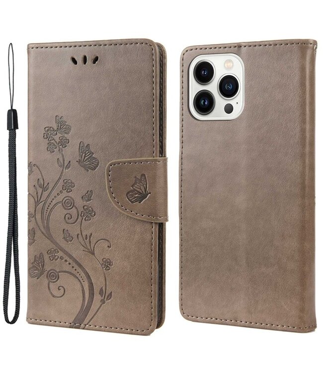 SoFetch Lichtbruin Bloemen Bookcase Hoesje voor de iPhone 14 Pro Max