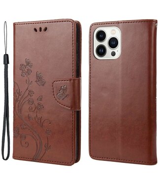 SoFetch Bruin Bloemen Bookcase Hoesje iPhone 14 Pro Max