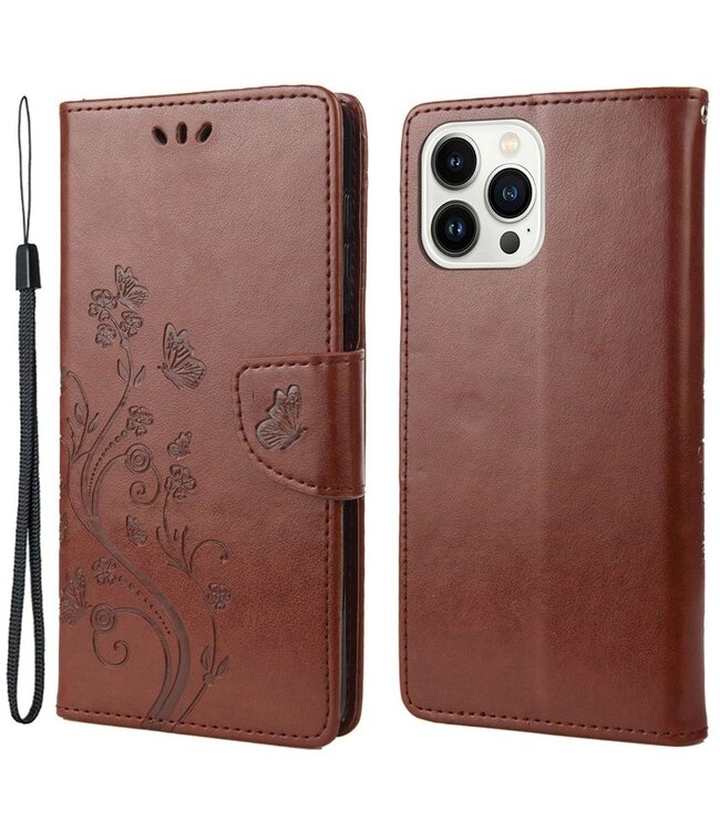 SoFetch Bruin Bloemen Bookcase Hoesje voor de iPhone 14 Pro Max
