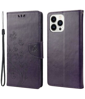 SoFetch Donkerpaars Bloemen Bookcase Hoesje iPhone 14 Pro Max