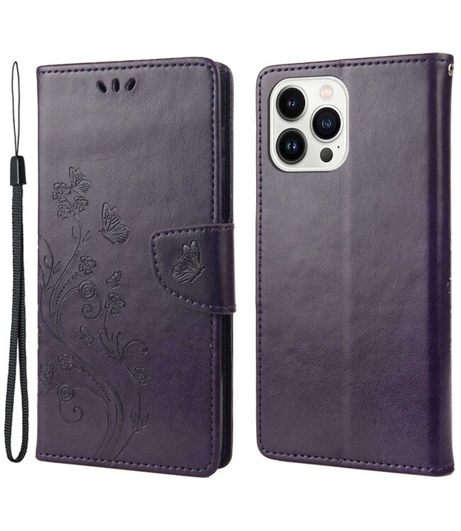 SoFetch Donkerpaars Bloemen Bookcase Hoesje voor de iPhone 14 Pro Max