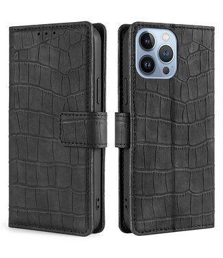 SoFetch Zwart Zacht Krokodillen Bookcase Hoesje iPhone 14 Pro Max