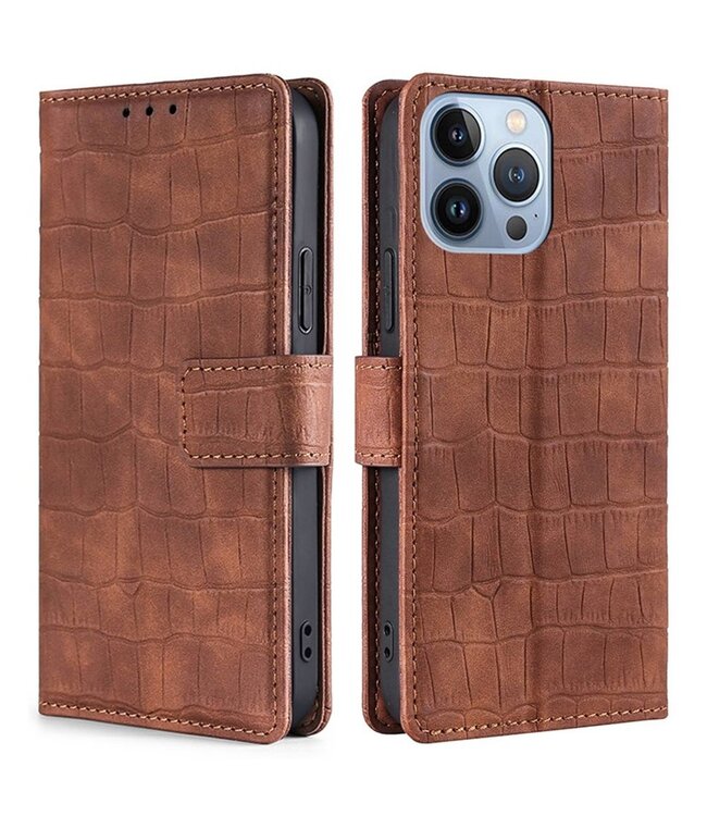 SoFetch Bruin Zacht Krokodillen Bookcase Hoesje voor de iPhone 14 Pro Max