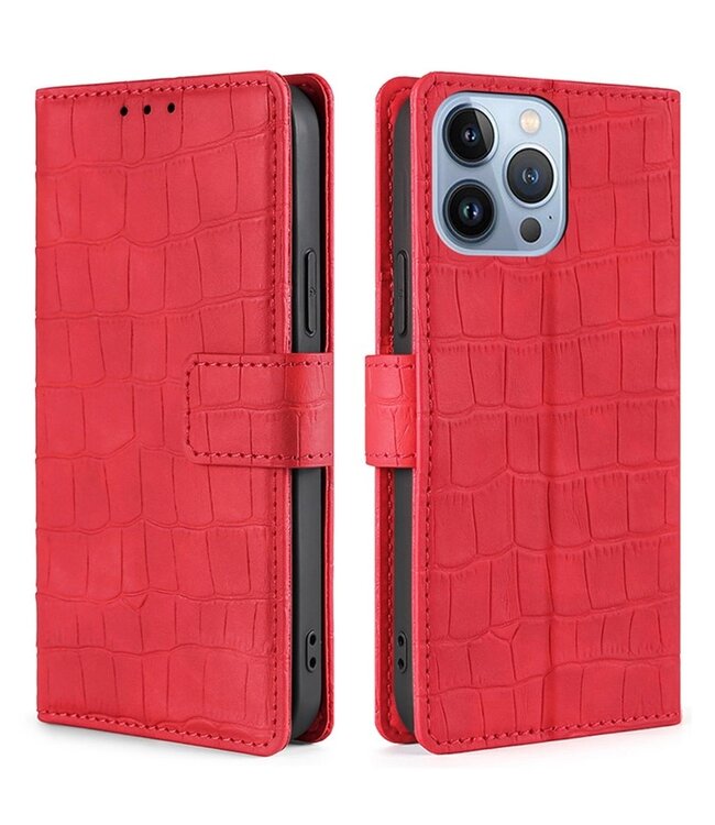 SoFetch Rood Zacht Krokodillen Bookcase Hoesje voor de iPhone 14 Pro Max