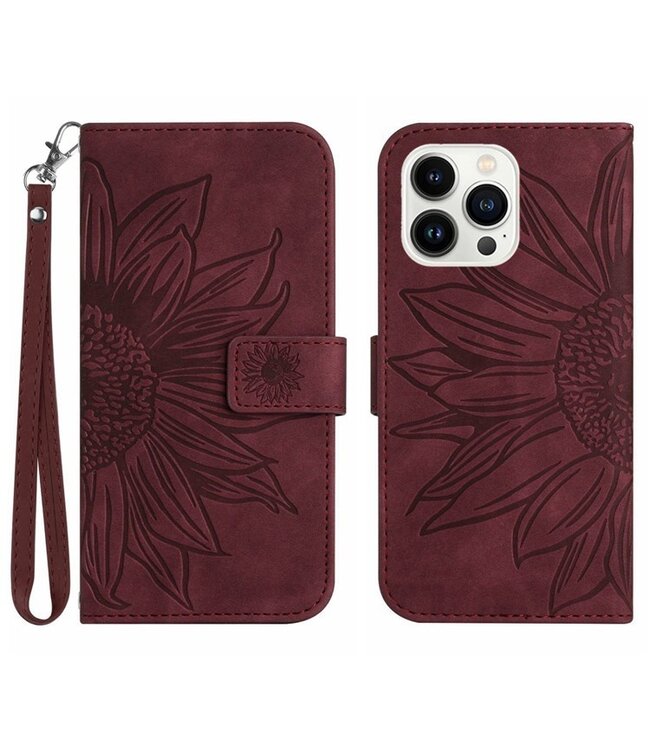 SoFetch Bordeaux Rood Zonnebloem Bookcase Hoesje voor de iPhone 14 Pro Max