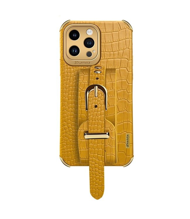 SoFetch Geel Krokodillen Hybride Hoesje met Handriem voor de iPhone 14 Pro Max