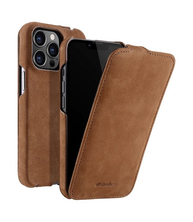 Melkco Koffiebruin Litchee Flipcase Hoesje voor de iPhone 14 Pro Max