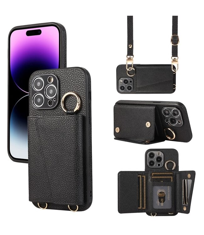 SoFetch Zwart Pasjeshouder Hybride Hoesje met Koord voor de iPhone 14 Pro Max