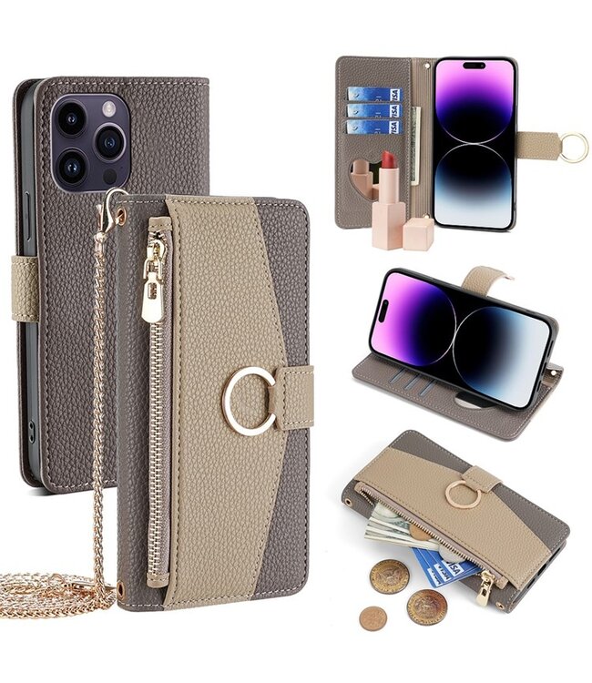 SoFetch Grijs Portemonnee Hybride Hoesje met Koord voor de iPhone 14 Pro Max