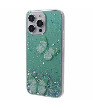 SoFetch Groen Vlinders Glitter Hybride Hoesje iPhone 14 Pro Max
