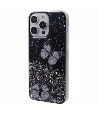 SoFetch Zwart Vlinders Glitter Hybride Hoesje iPhone 14 Pro Max