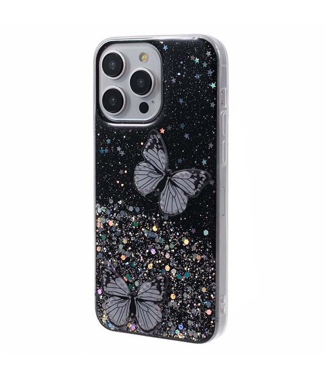 SoFetch Zwart Vlinders Glitter Hybride Hoesje voor de iPhone 14 Pro Max