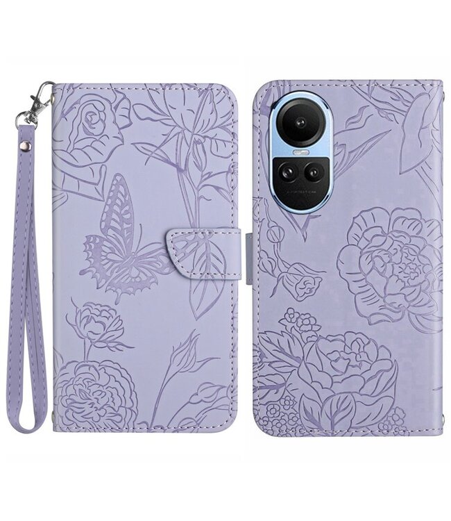 SoFetch Paars Bloemen vlinder Bookcase Hoesje met Polsbandje voor de Oppo Reno10