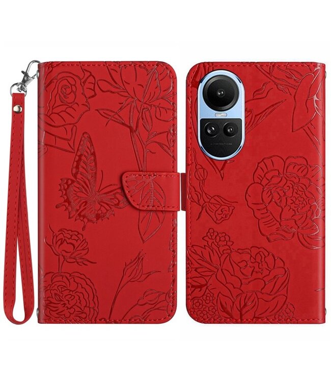 SoFetch Rood Bloemen vlinder Bookcase Hoesje met Polsbandje voor de Oppo Reno10