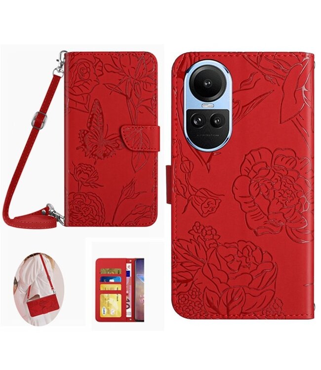 SoFetch Rood Bloemen vlinder Bookcase Hoesje met Koord voor de Oppo Reno10