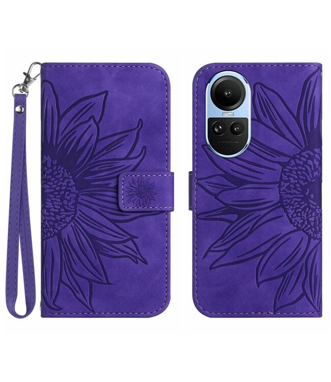 SoFetch Dark Paars Zonnebloem Bookcase Hoesje met Polsbandje voor de Oppo Reno10