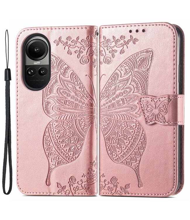 SoFetch Rosegoud Vlinder Bookcase Hoesje met Polsbandje voor de Oppo Reno10