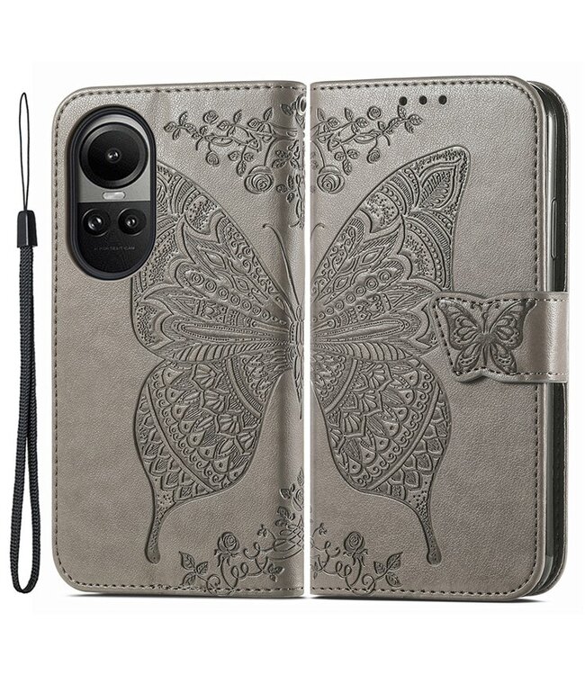 SoFetch Grijs Vlinder Bookcase Hoesje met Polsbandje voor de Oppo Reno10