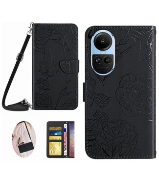 SoFetch Zwart Bloemens Bookcase Hoesje met Koord Oppo Reno10 Pro