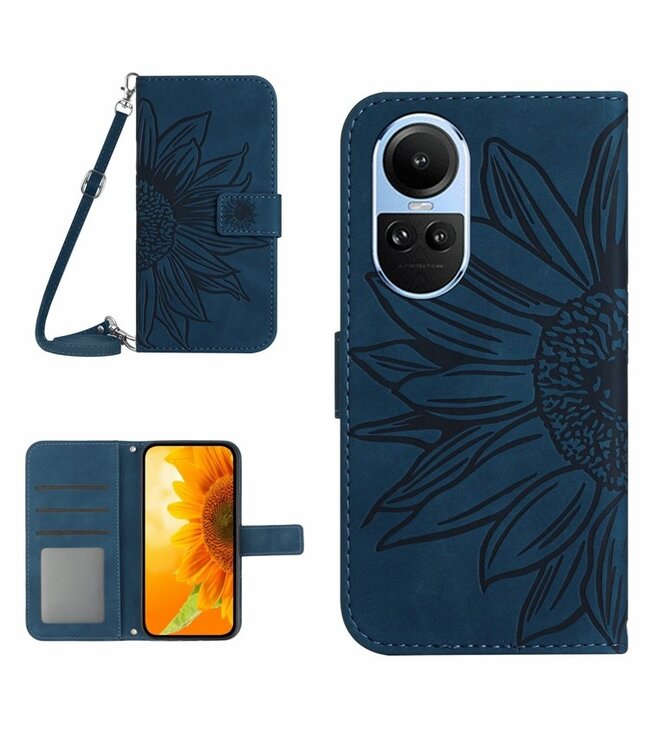 SoFetch Dark Blauw Zonnebloem Bookcase Hoesje met Koord voor de Oppo Reno10 Pro