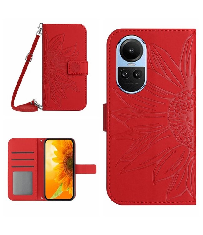 SoFetch Rood Zonnebloem Bookcase Hoesje met Koord voor de Oppo Reno10 Pro