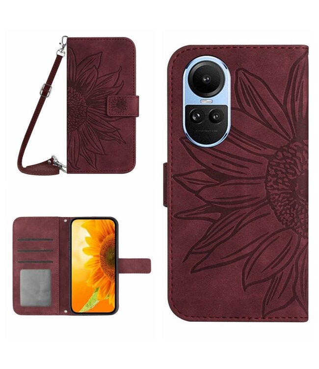SoFetch Bordeaux Rood Zonnebloem Bookcase Hoesje met Koord voor de Oppo Reno10 Pro