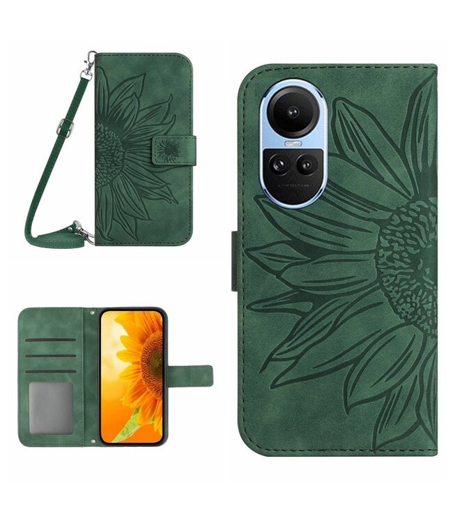 SoFetch Donkergroen Zonnebloem Bookcase Hoesje met Koord voor de Oppo Reno10 Pro