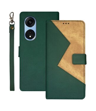 Idewei Groen Twee kleuren Bookcase Hoesje met Polsbandje Oppo Reno8 T