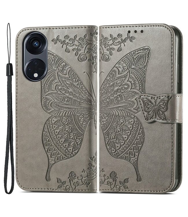 SoFetch Grijs Vlinder Bookcase Hoesje met Polsbandje voor de Oppo Reno8 T
