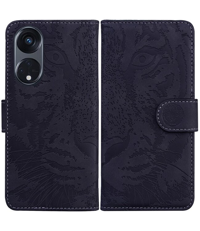 SoFetch Zwart Tijger Bookcase Hoesje voor de Oppo Reno8 T