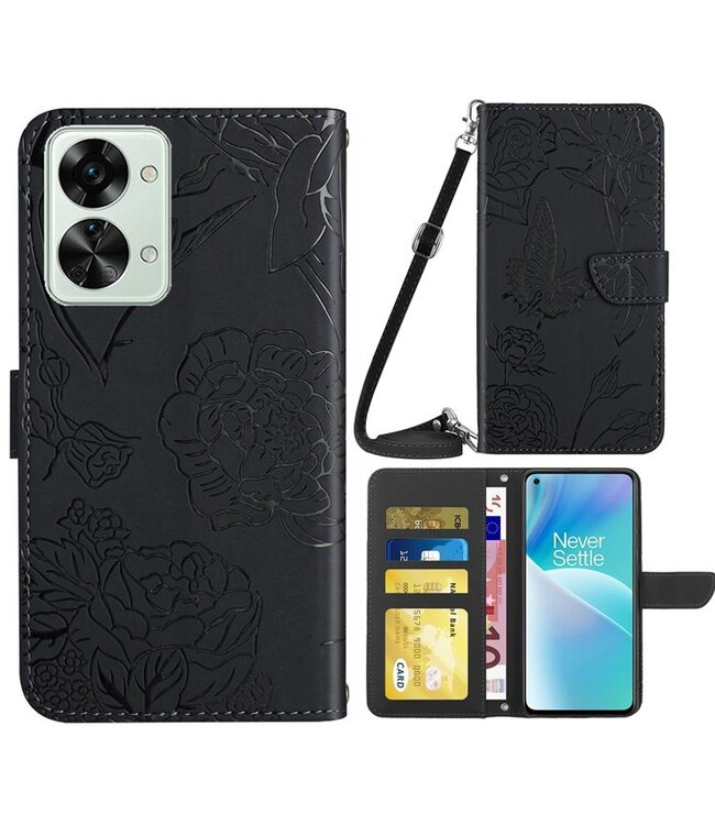 SoFetch SoFetch Zwart Bloemen Vlinder Bookcase Hoesje met Koord voor de OnePlus Nord 2T