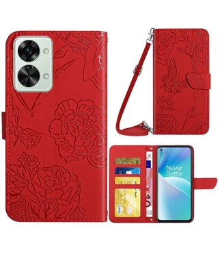 SoFetch Rood Bloemen Vlinder Bookcase Hoesje met Koord OnePlus Nord 2T
