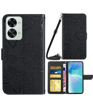 SoFetch Zwart Bloemen Vlinder Bookcase Hoesje met Koord OnePlus Nord 2T